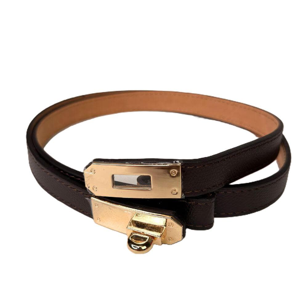 Kožený nastavitelný pásek se zlatou sponou tmavé hnědý
